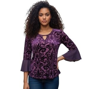 Womens Velvet Burnout Size M Burgundy Dark Plum Bell Sleeve Whimsigoth Witchy